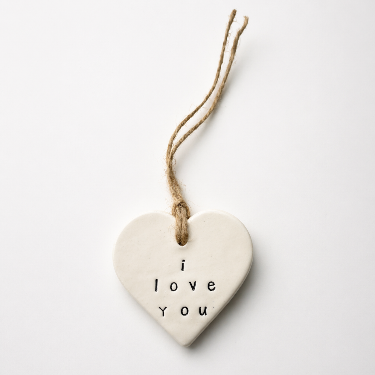 Handmade I Love You ceramic heart tag made in Australia with glossy white earthenware clay and jute twine
