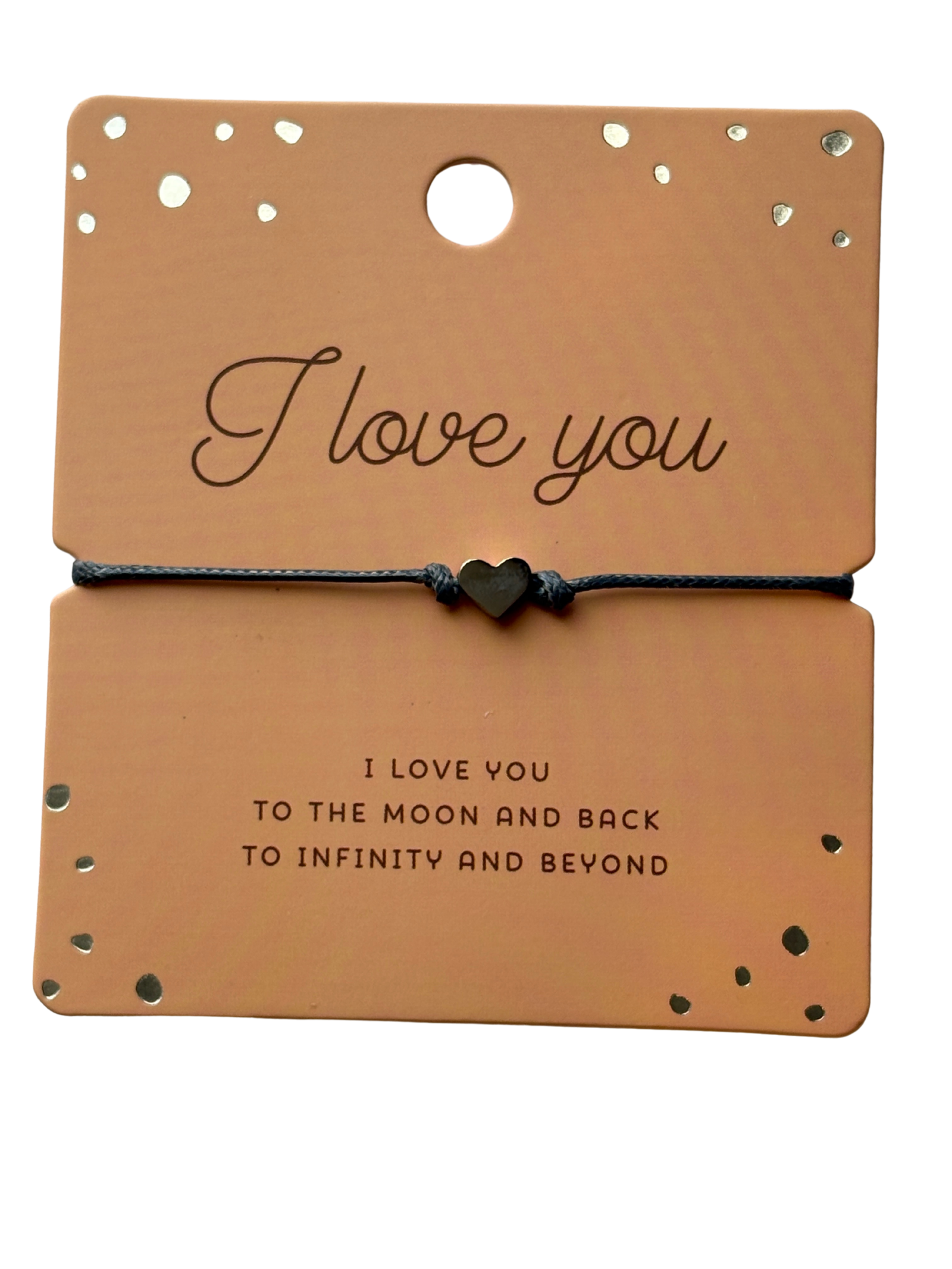 I Love You string bracelet with heart charm on message card
