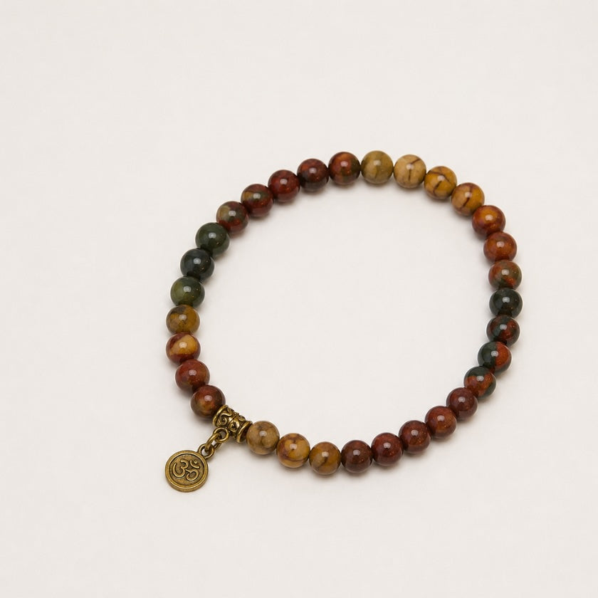 Handmade Picasso Jasper mala bead bracelet with natural earthy gemstones and gold om charm by Luna &amp; Soul Australia