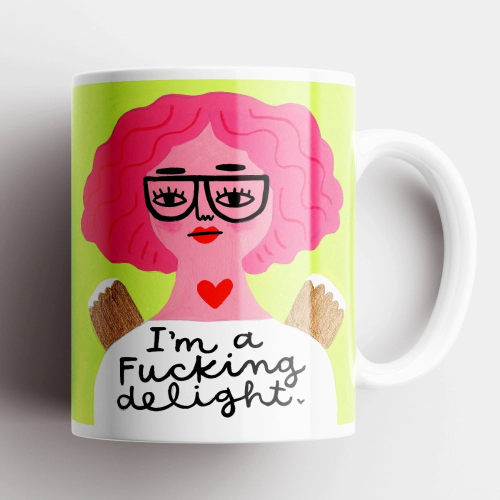 I’m a F**ing Delight Grumpy Angel Mug* – funny ceramic mug with pink-haired illustration on lime background.