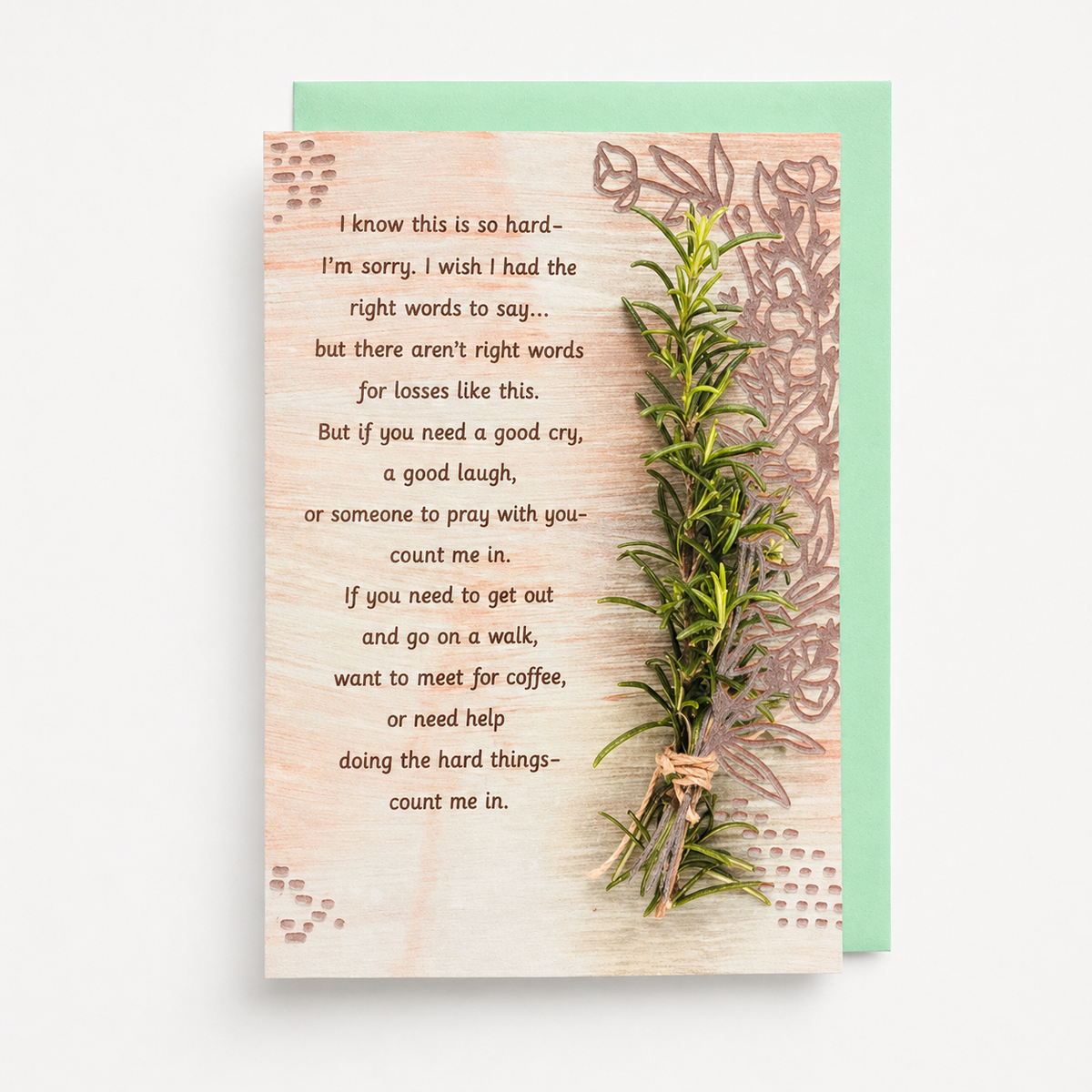 Sympathy and support greeting card with botanical rosemary design and green envelope