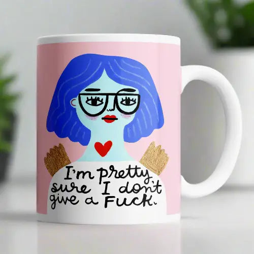 Grumpy Angel ceramic mug with bold quote I’m pretty sure I don’t give a fuck