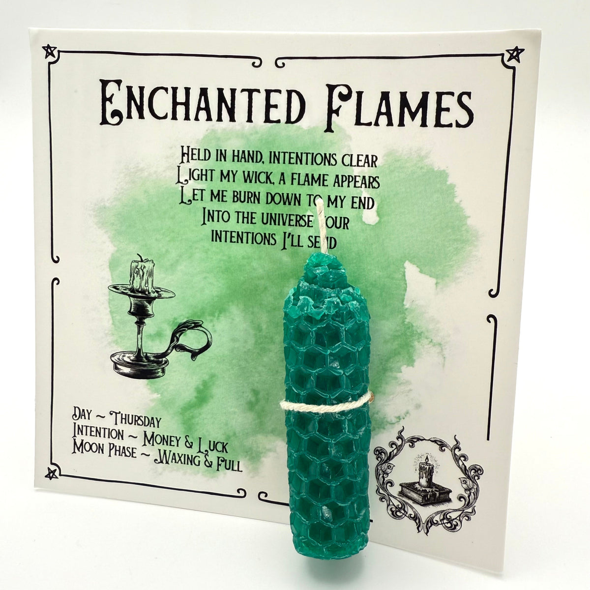 Green Enchanted Flames hand-rolled beeswax ritual candle with money and luck intention card by Luna and Soul