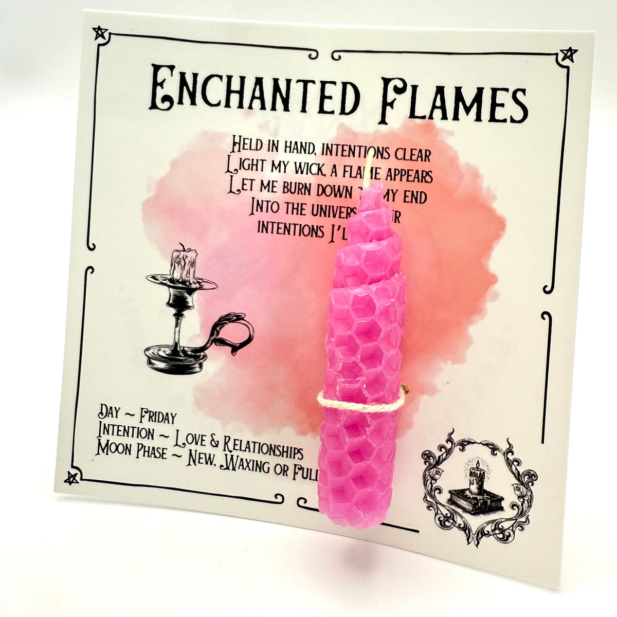 Pink Enchanted Flames hand-rolled beeswax ritual candle with love and relationships intention card by Luna and Soul
