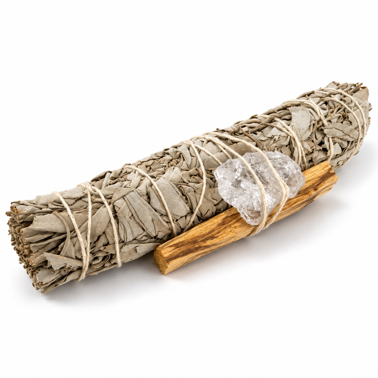 Large White Sage smudge stick kit with approximately 22 cm sage, Palo Santo wood and a Clear Quartz crystal.
