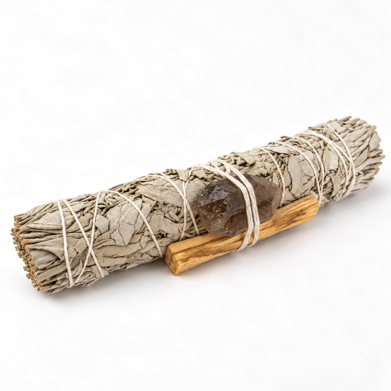 Large White Sage smudge stick kit with approximately 22 cm sage, Palo Santo wood and a Smoky Quartz crystal.