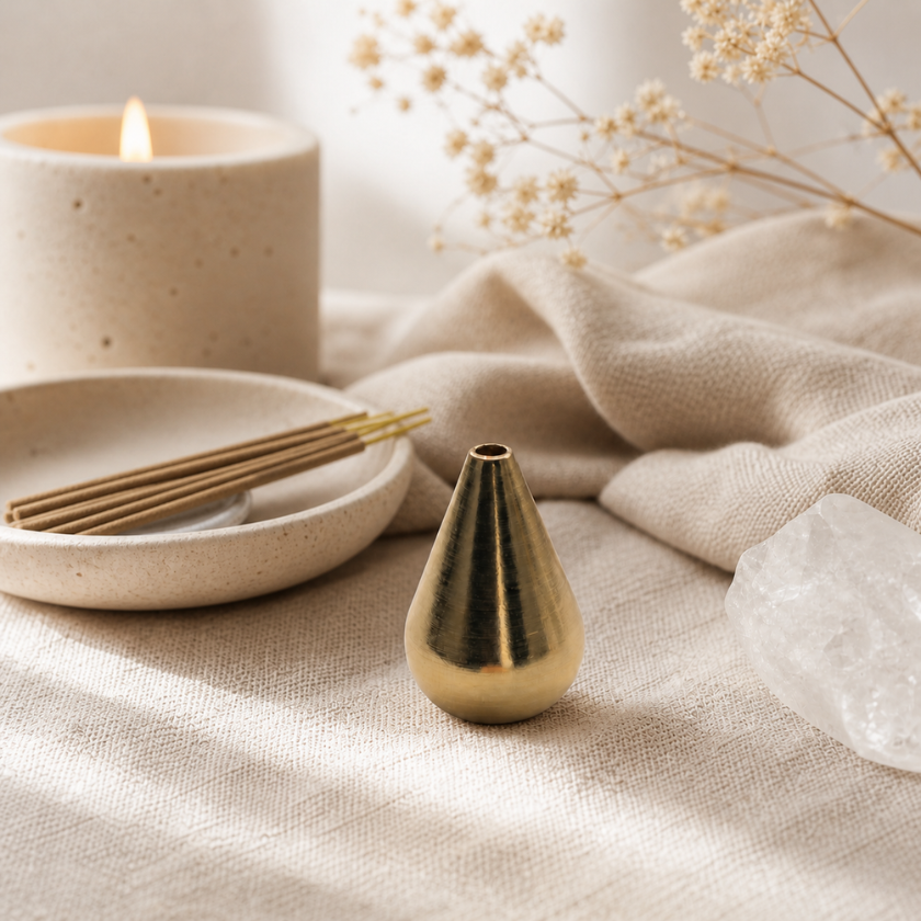 Water drop incense holder in antique brass in mindful home settings 