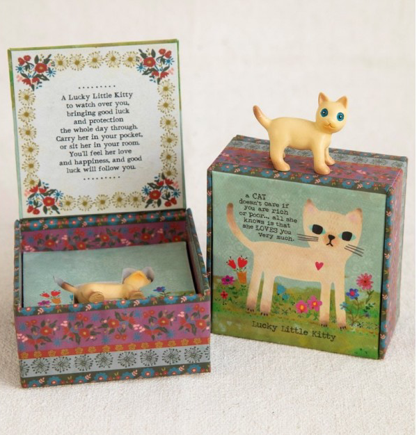 Lucky Little Kitty charm in a floral gift box with a cute resin cat figurine — a mindful good luck keepsake from Luna & Soul.