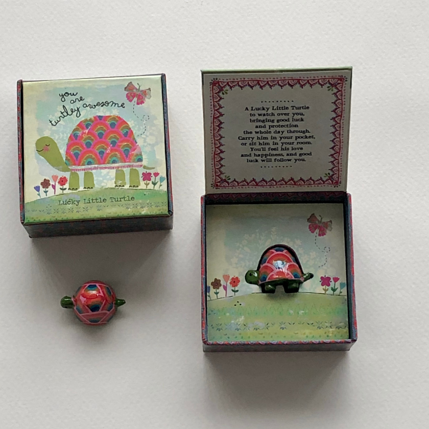 Lucky Little Turtle charm in a floral gift box with colourful shell figurine — a mindful good luck keepsake from Luna & Soul.
