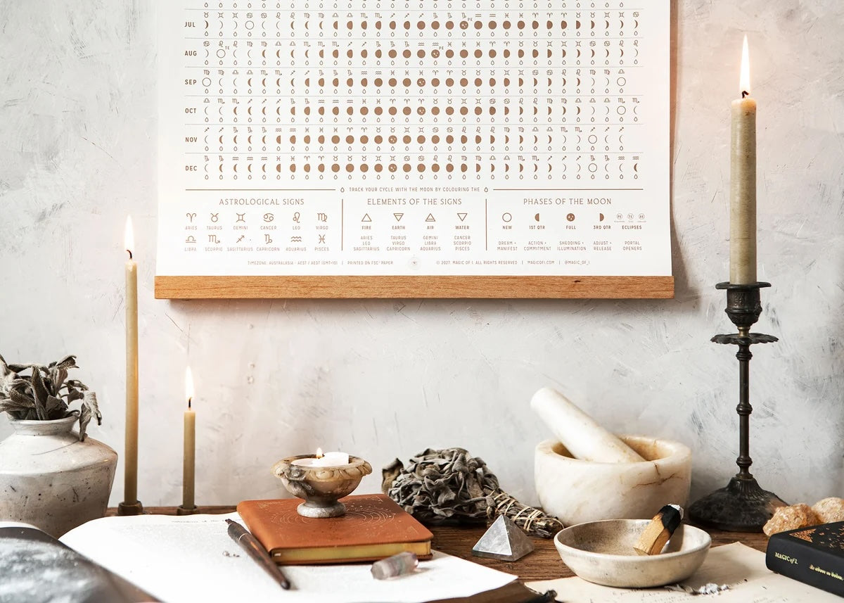 Close-up detail of Magic of I 2027 Moon Phases calendar showing moon signs and phases.