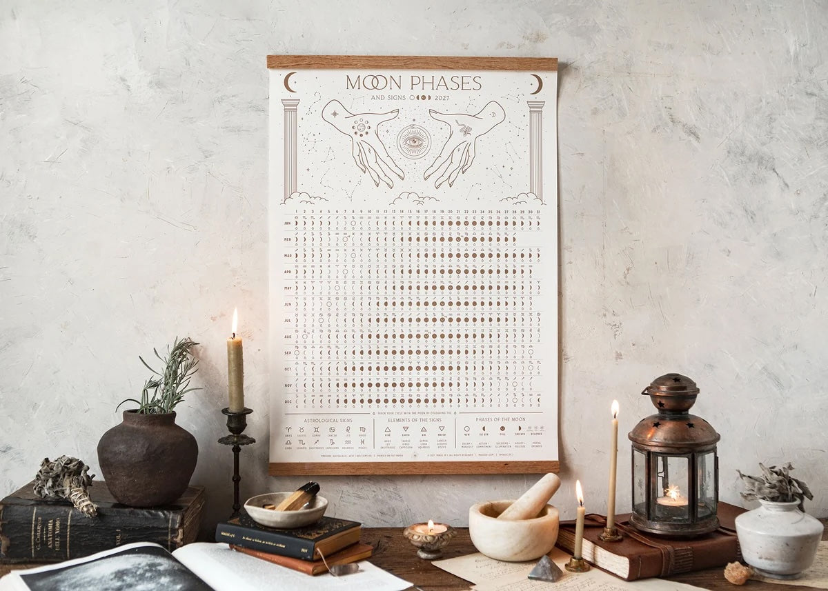 Magic of I 2027 Moon Phases and Signs wall calendar printed in matte rose gold ink.