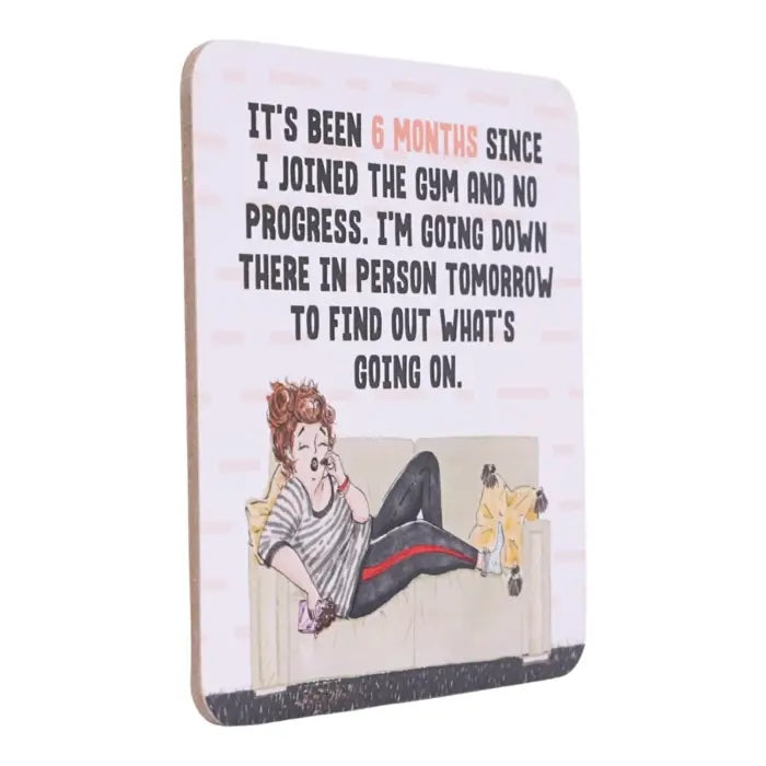 Side view of 6 Months at the Gym coffee coaster.