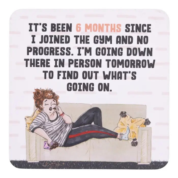 6 Months at the Gym coffee coaster with hand-drawn woman relaxing on a sofa.