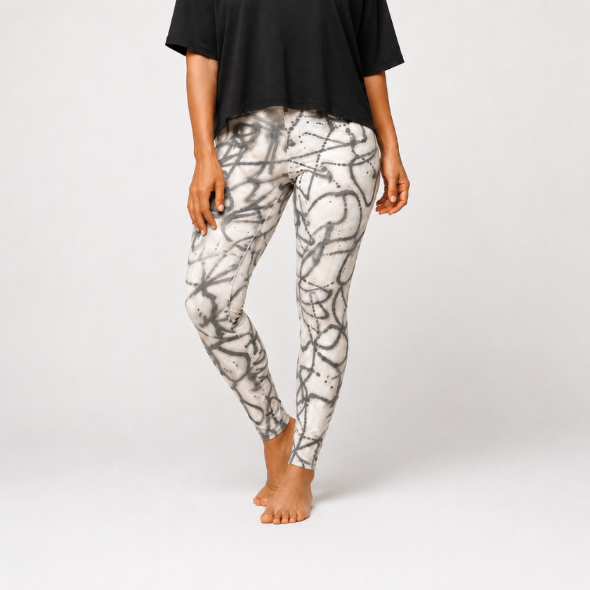 Luna &amp; Soul abstract grey print leggings in three-quarter studio view