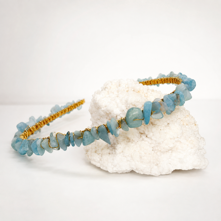Luna and Soul Aquamarine crystal chip headband on gold wire styled on a white crystal cluster