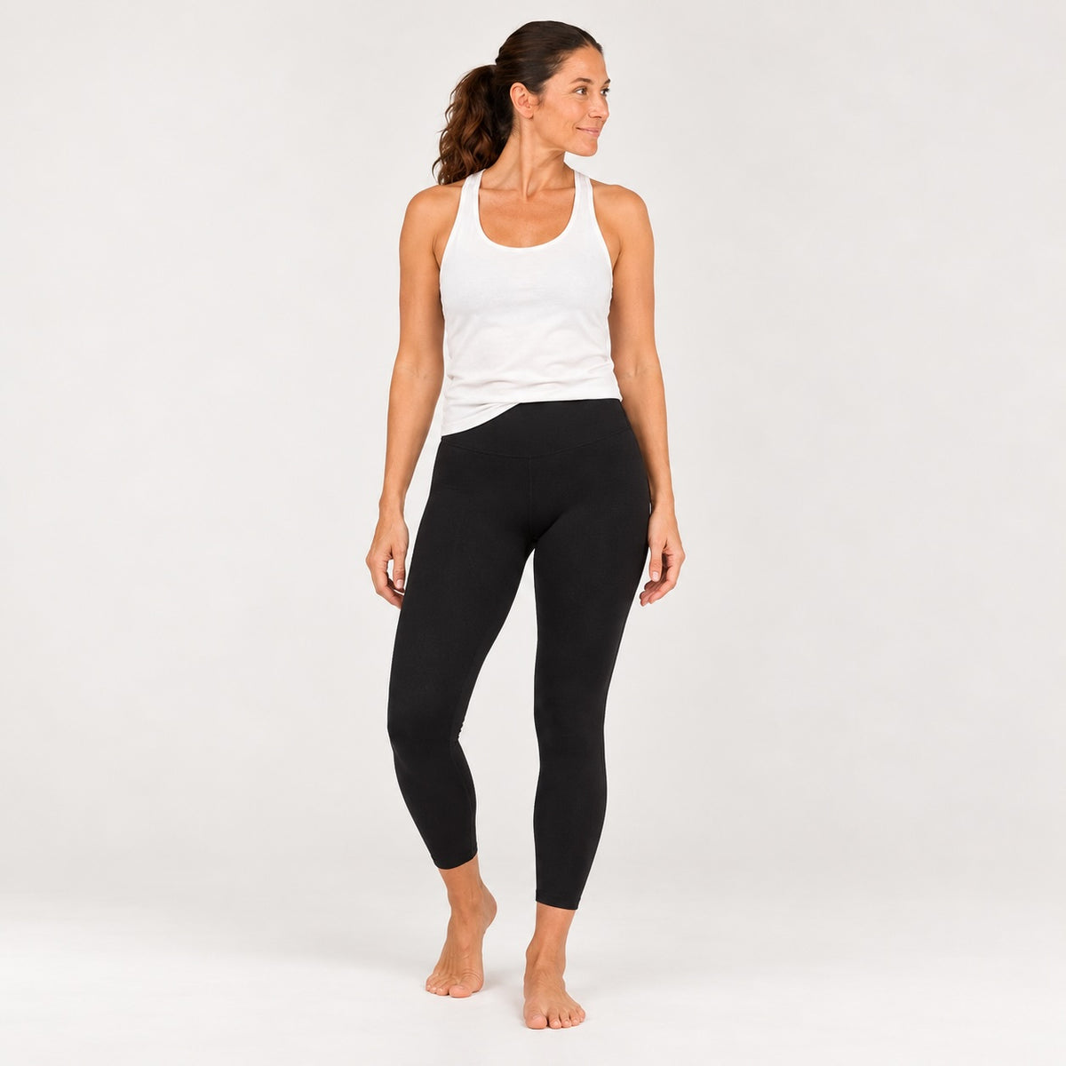 Front view of Black Asana 7/8 cotton yoga leggings by Luna &amp; Soul