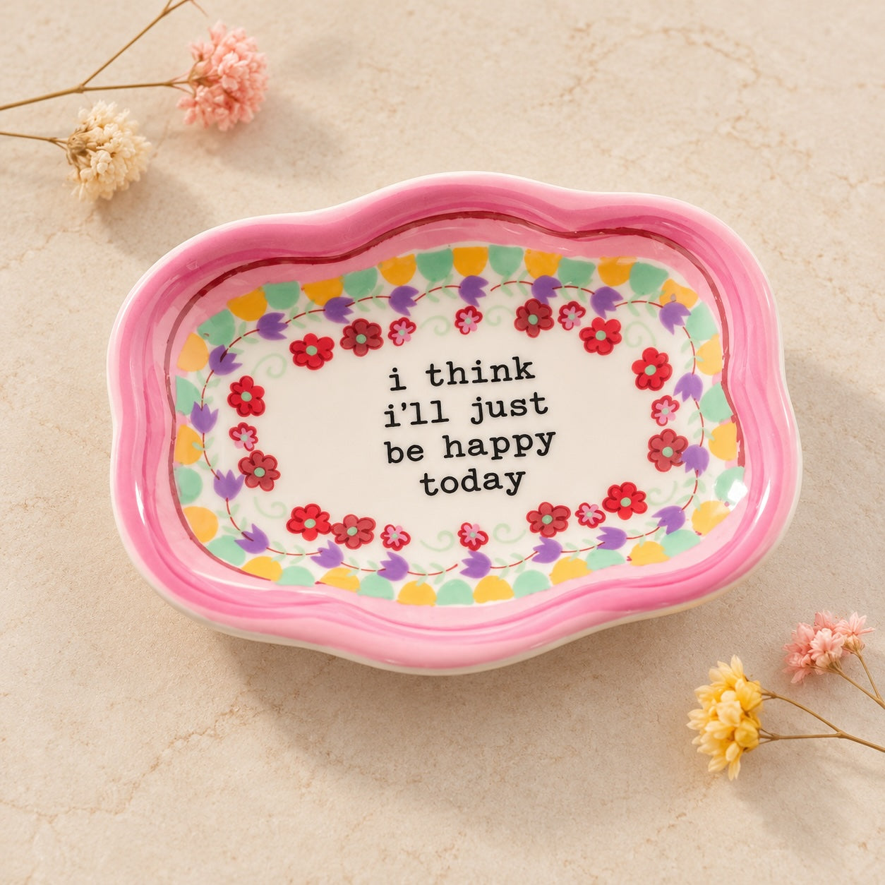 Pink floral Be Happy Today little dolomite trinket dish.