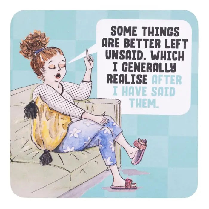 Better Left Unsaid coffee coaster with aqua background and hand-drawn woman relaxing on a sofa.