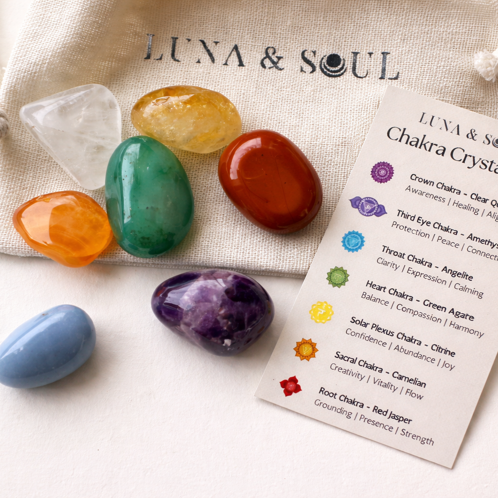 Luna &amp; Soul chakra crystal kit with seven healing stones cotton pouch and chakra information card