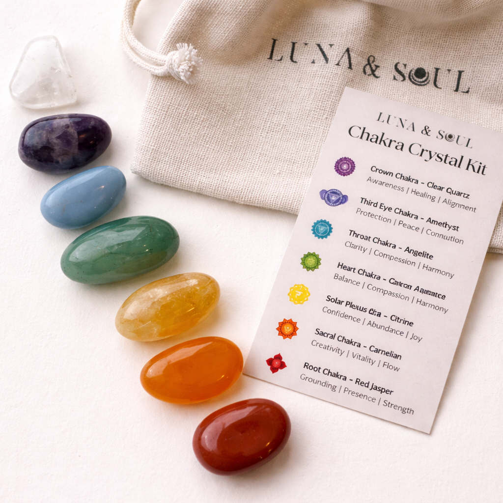 chakra crystal kit with seven healing stones cotton pouch and chakra information card
