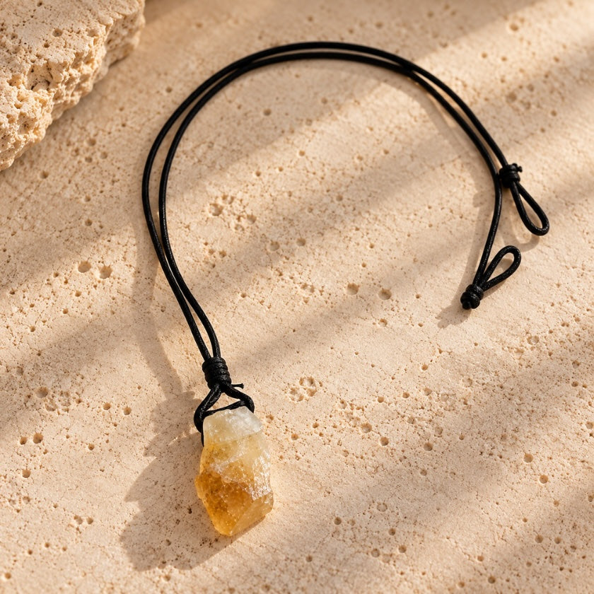 Natural raw citrine crystal pendant tied onto a simple black cord necklace