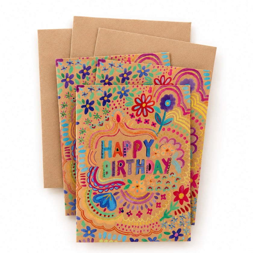 Colourful birthday greeting card with vibrant floral and rainbow inspired artwork, “Happy Birthday”.