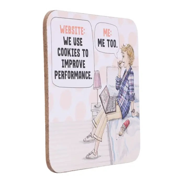 Side view of Cookies Improve Performance coffee coaster.