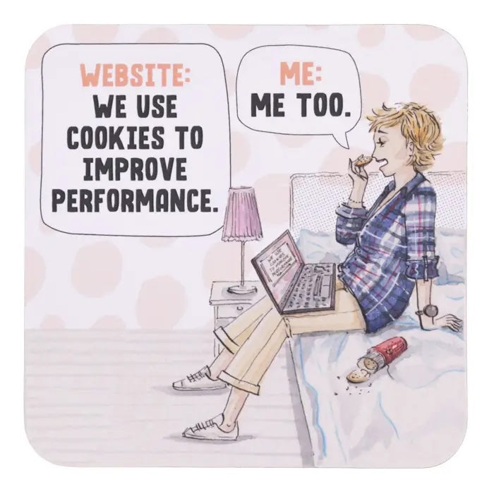 Cookies Improve Performance coffee coaster with hand-drawn woman eating cookies while using a laptop.