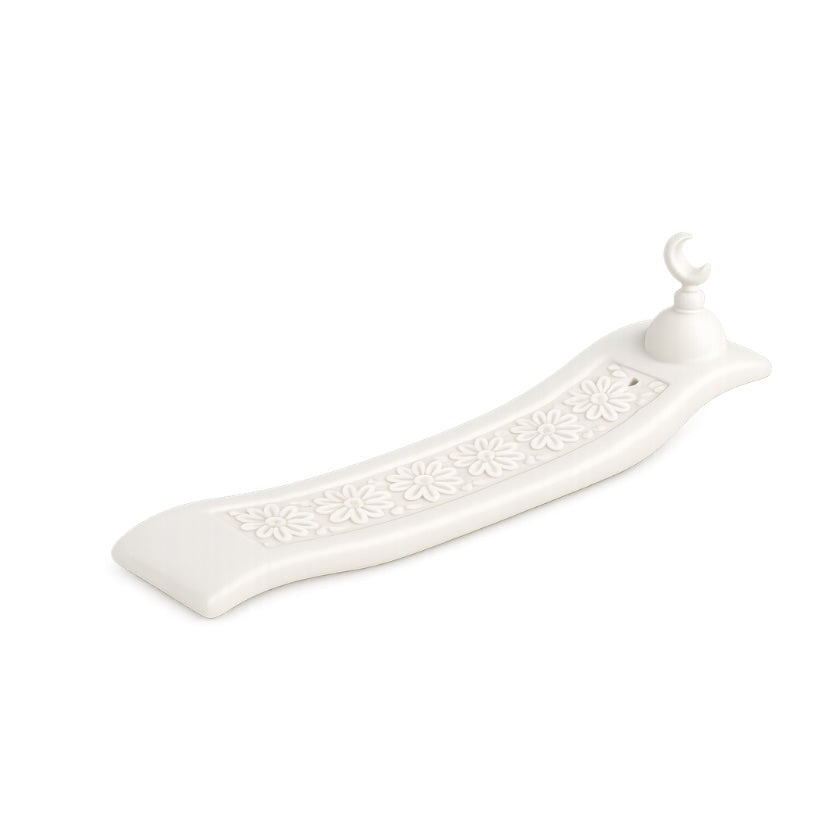 Luna &amp; Soul cream crescent moon ceramic incense holder with subtle geometric detailing.