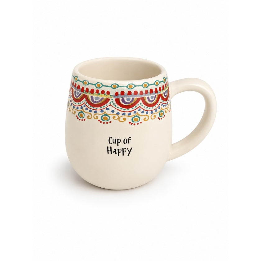Luna and Soul Cup of Happy Ceramic Mug showing folk-art border and uplifting message
