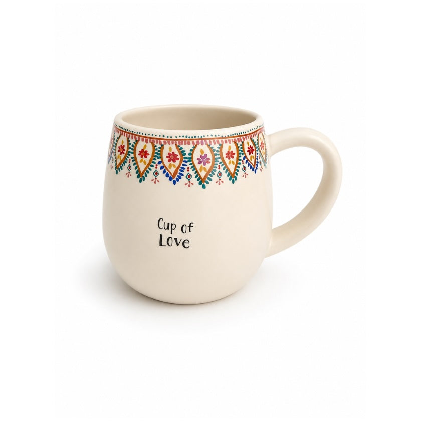Luna and Soul Cup of Love Ceramic Mug showing folk-art border and uplifting message