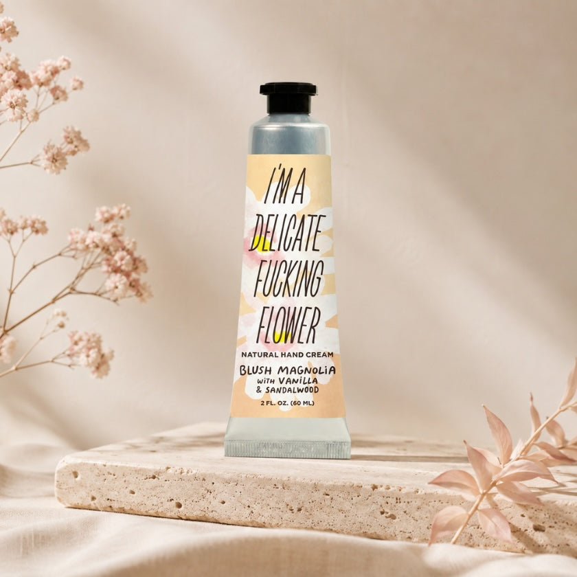 Blue Q I'm a Delicate F***ing Flower natural hand cream in Blush Magnolia with Vanilla &amp; Sandalwood.