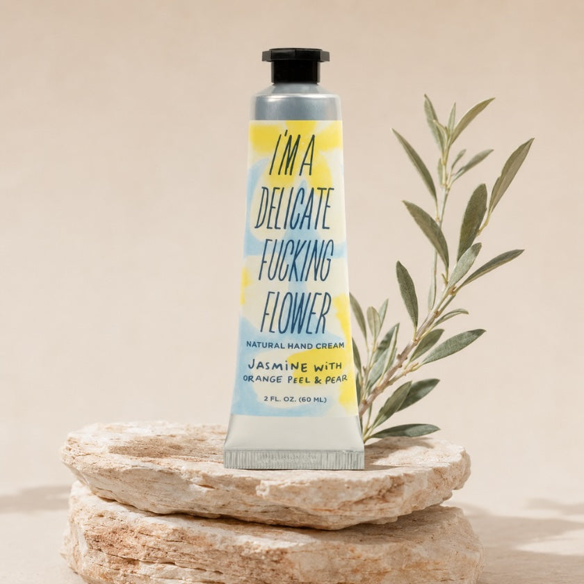 Blue Q I'm a Delicate F***ing Flower natural hand cream in Jasmine with Orange Peel &amp; Pear.
