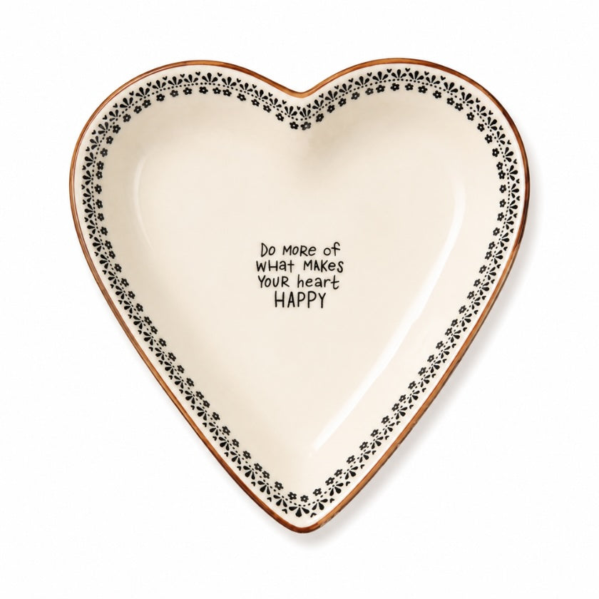 Luna &amp; Soul heart-shaped ceramic trinket dish with the message "Do more of what makes your heart happy" and a delicate black floral border.