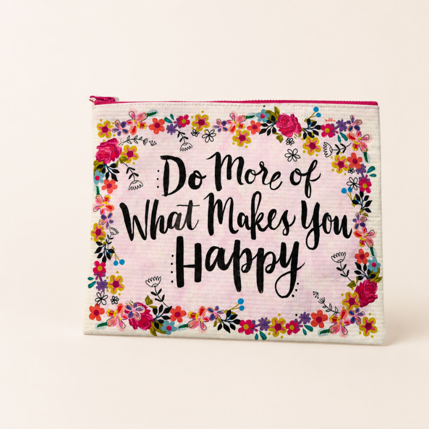 Luna and Soul Do More of What Makes You Happy recycled zip pouch with vibrant floral design