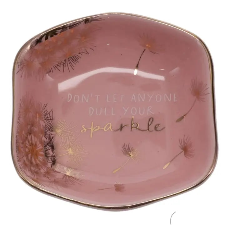 Luna &amp; Soul blush pink ceramic trinket dish with dandelion illustrations and the quote "Don't Let Anyone Dull Your Sparkle".