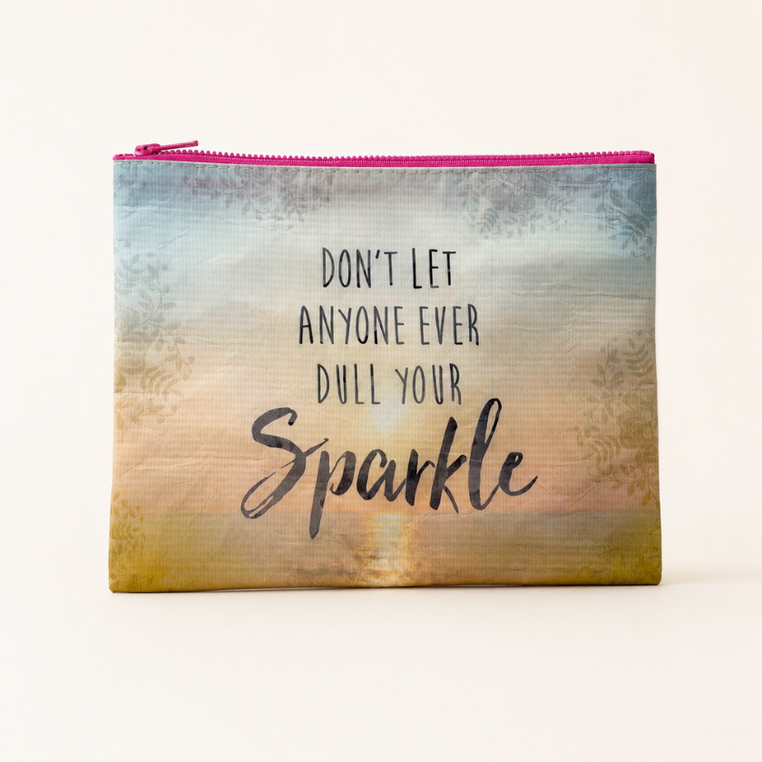 Luna and Soul Don't Let Anyone Ever Dull Your Sparkle recycled zip pouch with watercolour sunset design