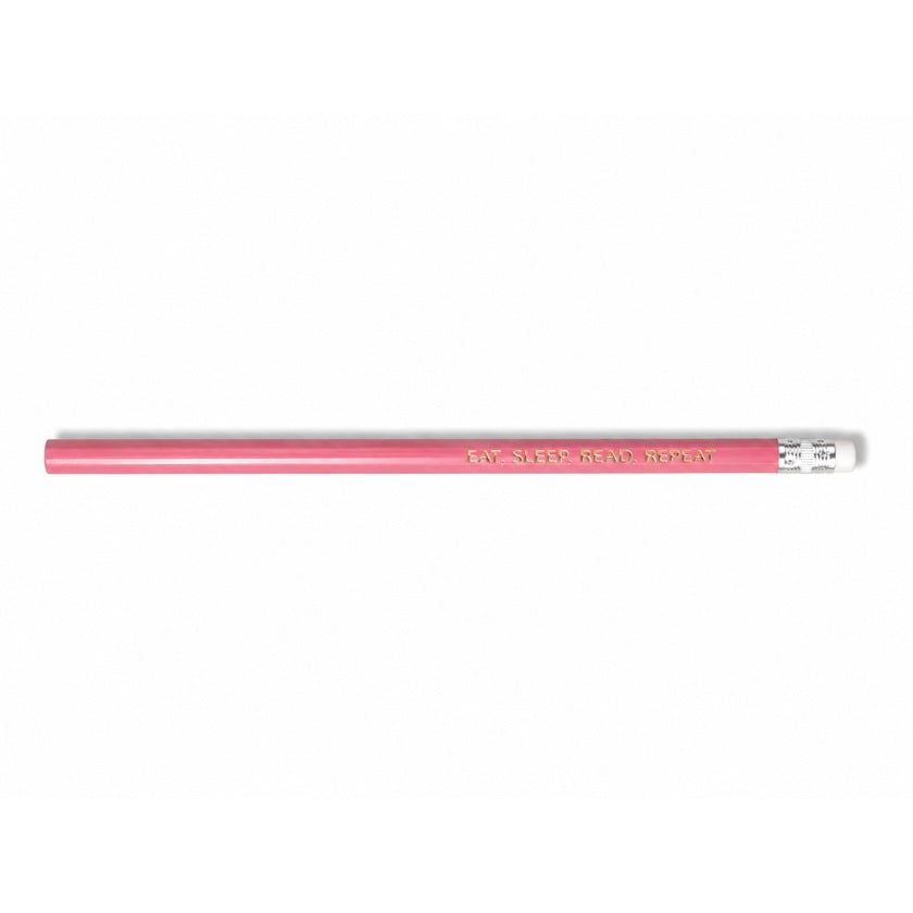 Luna &amp; Soul pink wooden pencil with gold foil quote "Eat, Sleep, Read, Repeat".
