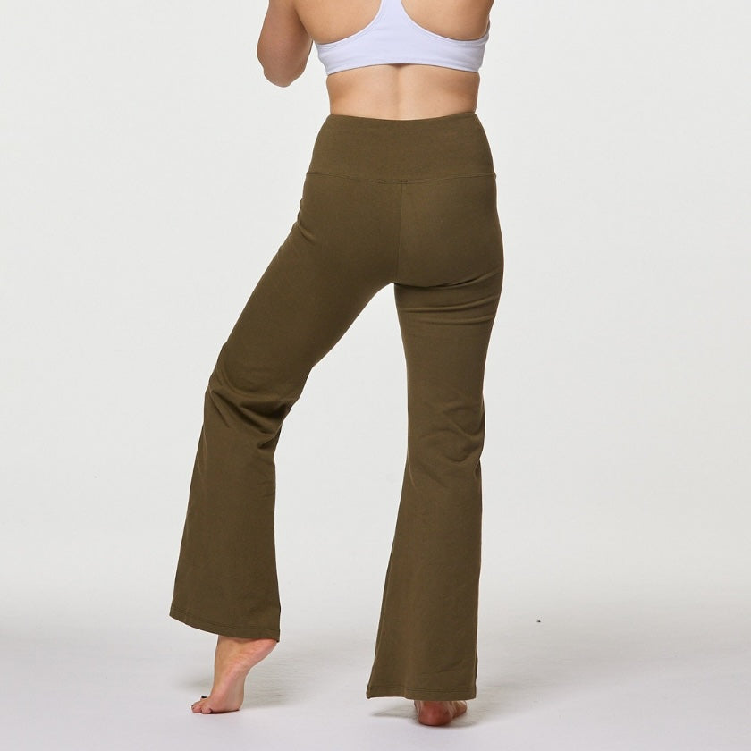 Woman wearing khaki organic cotton flare leggings with high waisted fit, Luna &amp; Soul Australia.