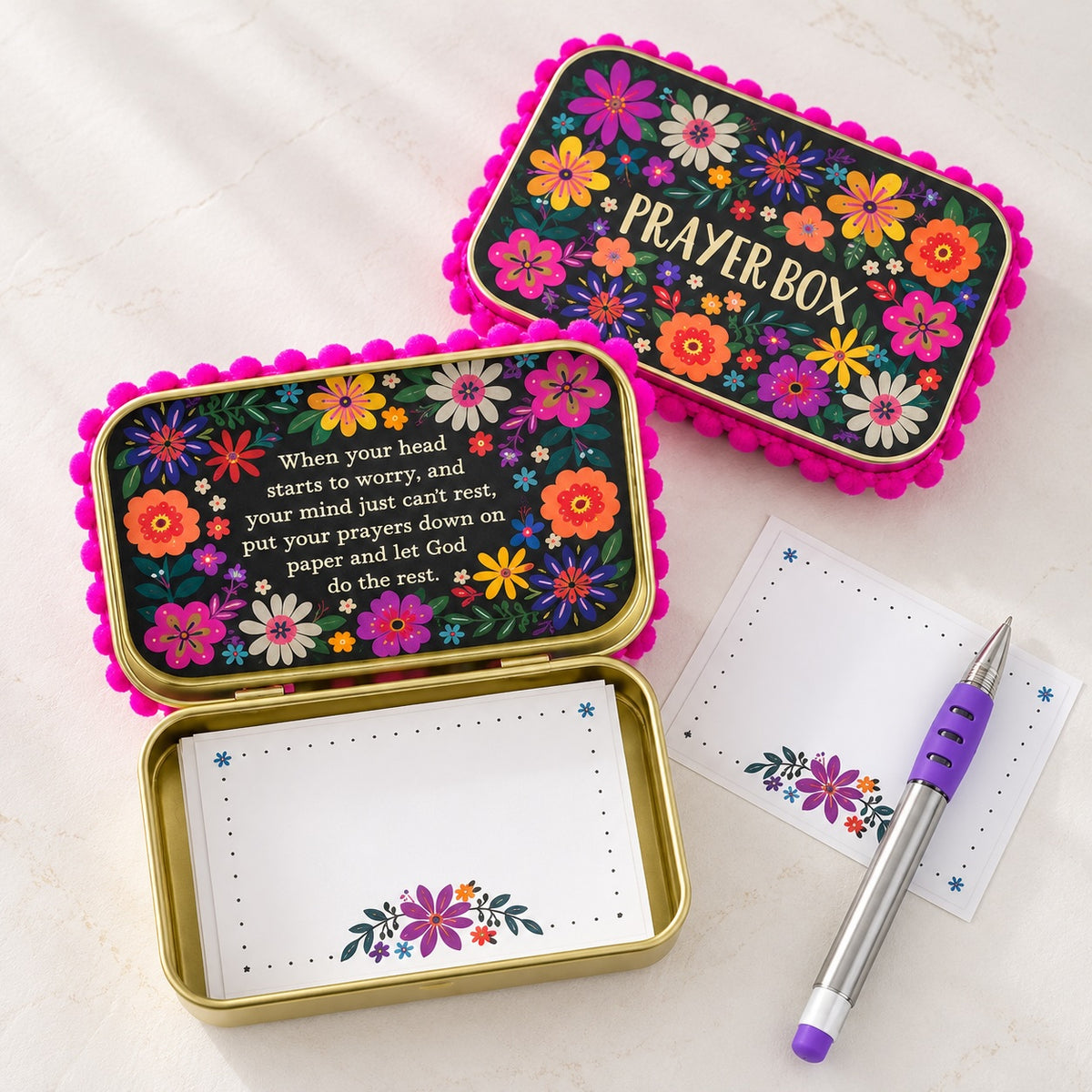Floral Prayer Box with paper notes and tiny pencil.