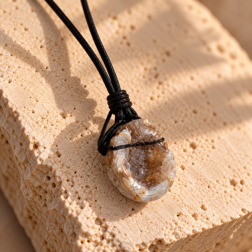 Natural geode crystal necklace with raw crystal pendant on adjustable black cord.