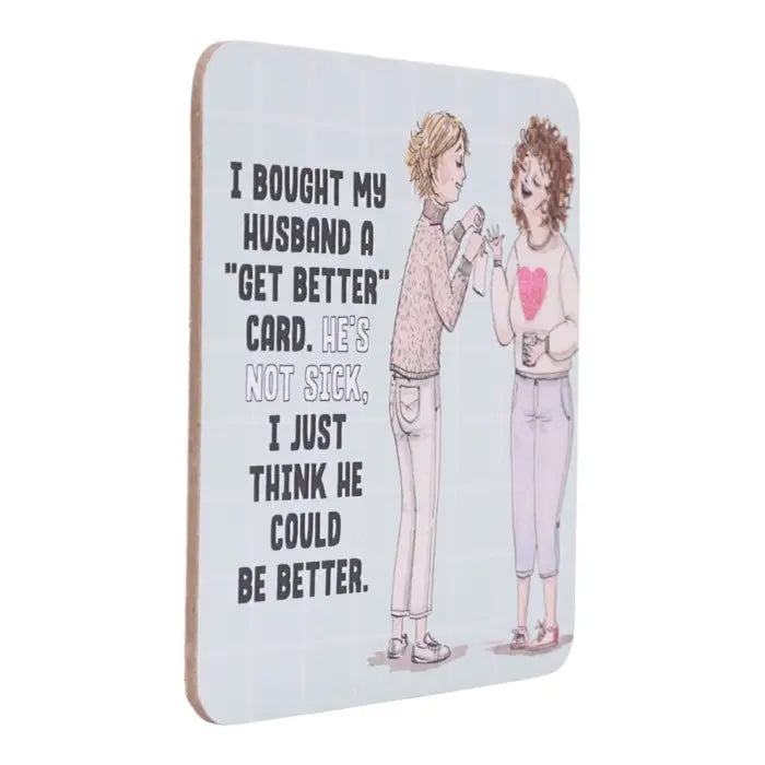 Side view of Get Better Card coffee coaster.