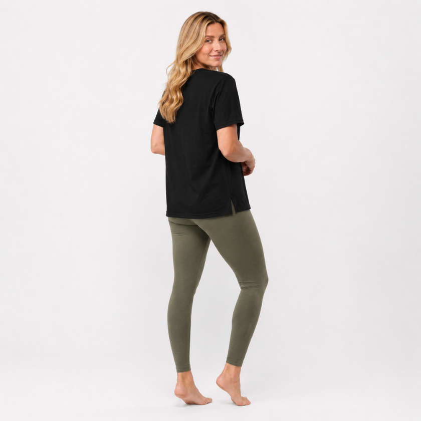 Side view of Luna &amp; Soul GOTS certified Organic Cotton T-Shirt in black — organic cotton activewear made in australia