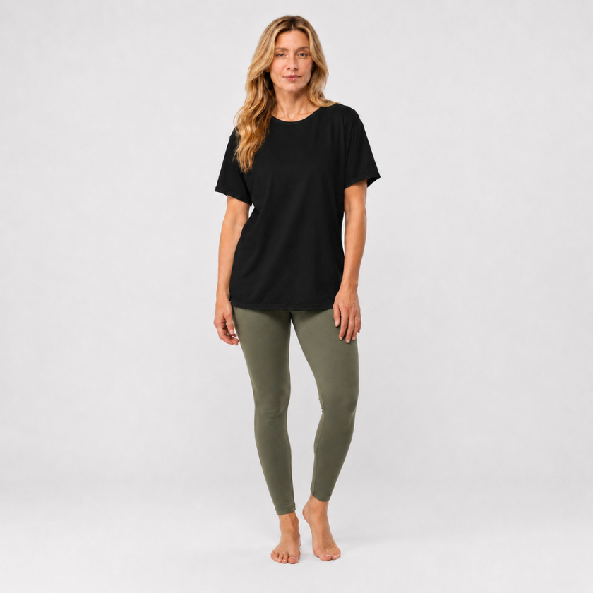 Front view of Luna &amp; Soul Organic Cotton T-Shirt in black — organic cotton yoga top