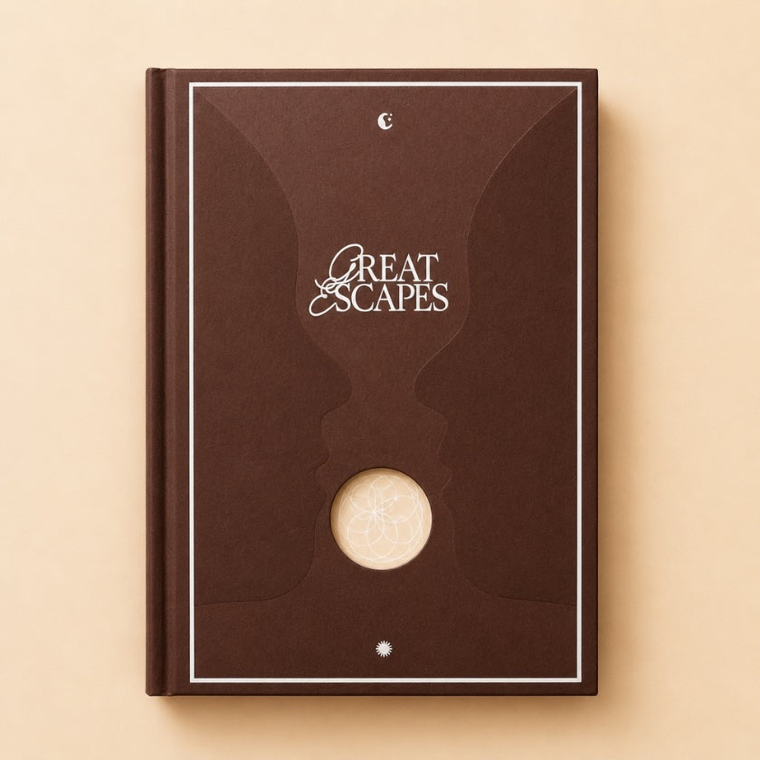 Great Escapes Couples Journal by Selfdom hardcover chocolate brown with embossed seed of life detail on white 
