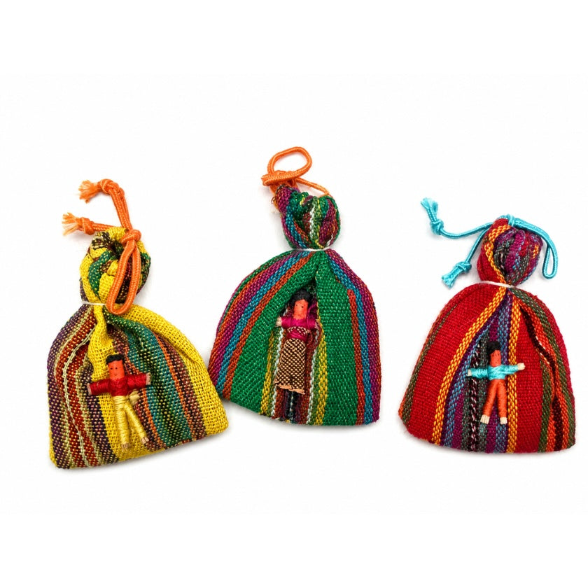 Luna and Soul Guatemalan worry doll in traditional hand-woven textile with drawstring pouch.