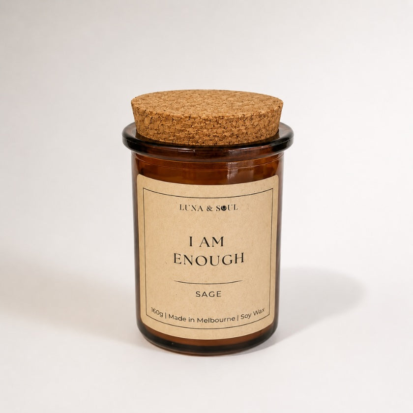 Luna and Soul I Am Enough Sage affirmation soy wax candle in amber glass jar handmade in Melbourne