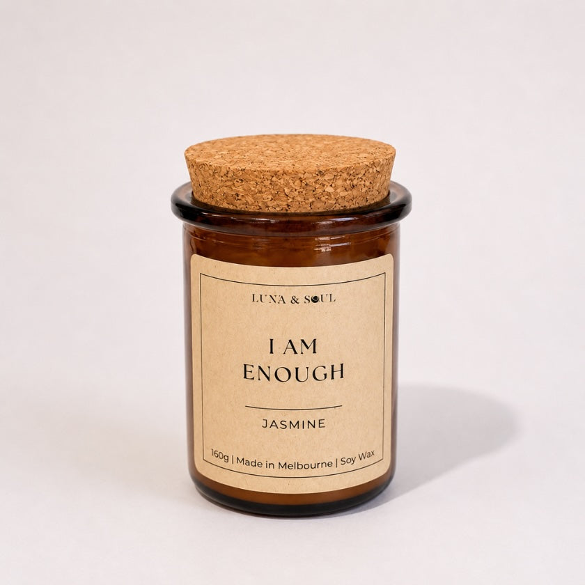 Luna and Soul I Am Enough Jasmine affirmation soy wax candle in amber glass jar handmade in Melbourne