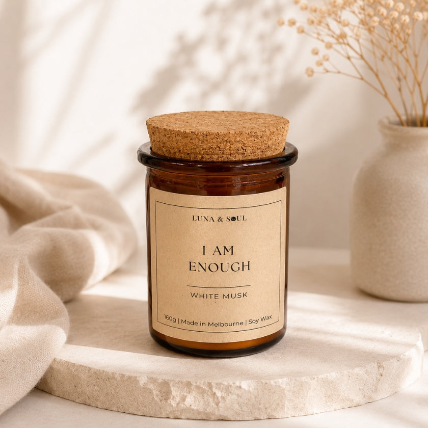 Luna and Soul I Am Enough affirmation soy wax candle in amber glass jar handmade in Melbourne