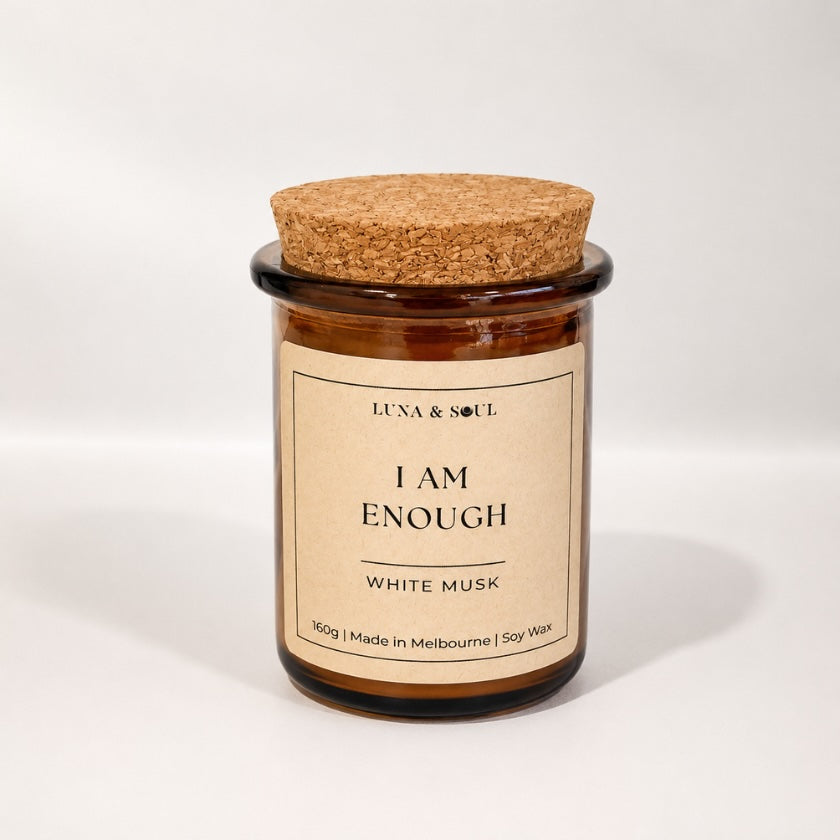 Luna and Soul I Am Enough White Musk affirmation soy wax candle in amber glass jar handmade in Melbourne